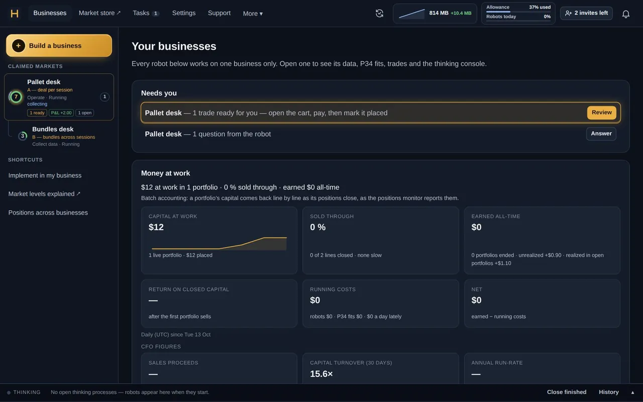 Business Builder's Home page: two demo businesses on the t5market playground market, their capital at work and their robots (seeded demo data)