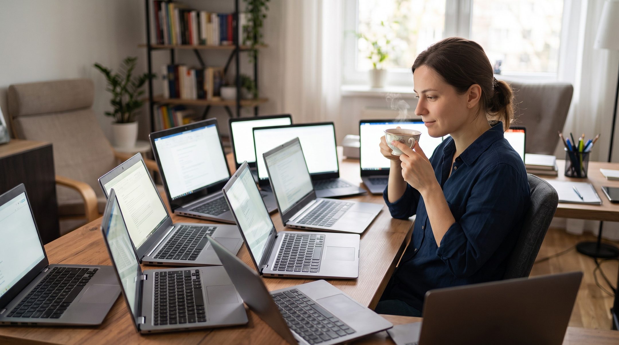 An operator at a desk running several laptops at once, coffee in hand.